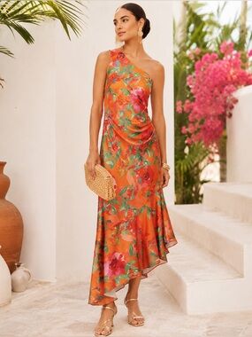 Satin 14 Floral Orange Tropical Vacation Evening one shoulder flowy mid dress